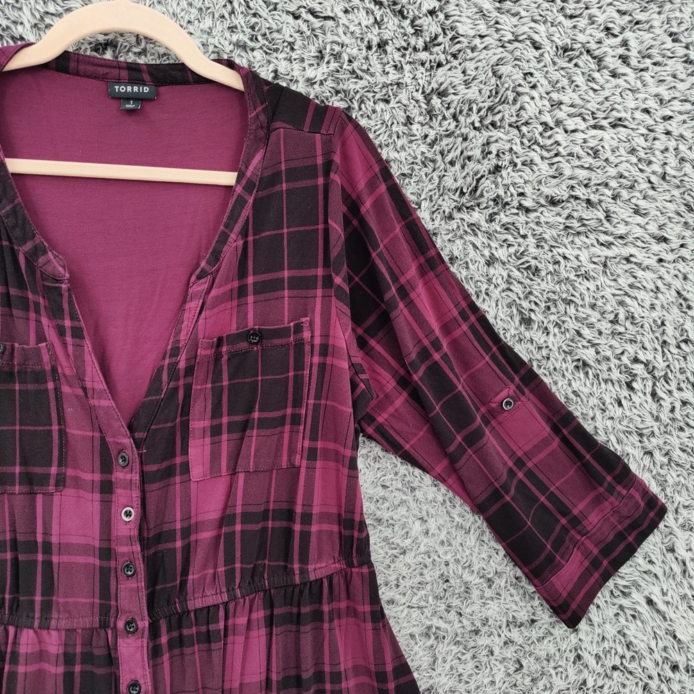 Torrid Women Grunge Dark Academia Plaid Shirt Dress 1X Purple Black Button Front - Picture 11 of 16